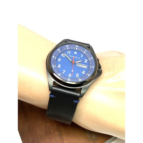 Caravelle by Bulova Men's Watch 45C118 Quartz Blue Dial Black Leather Band 40mm - Picture 5 of 14